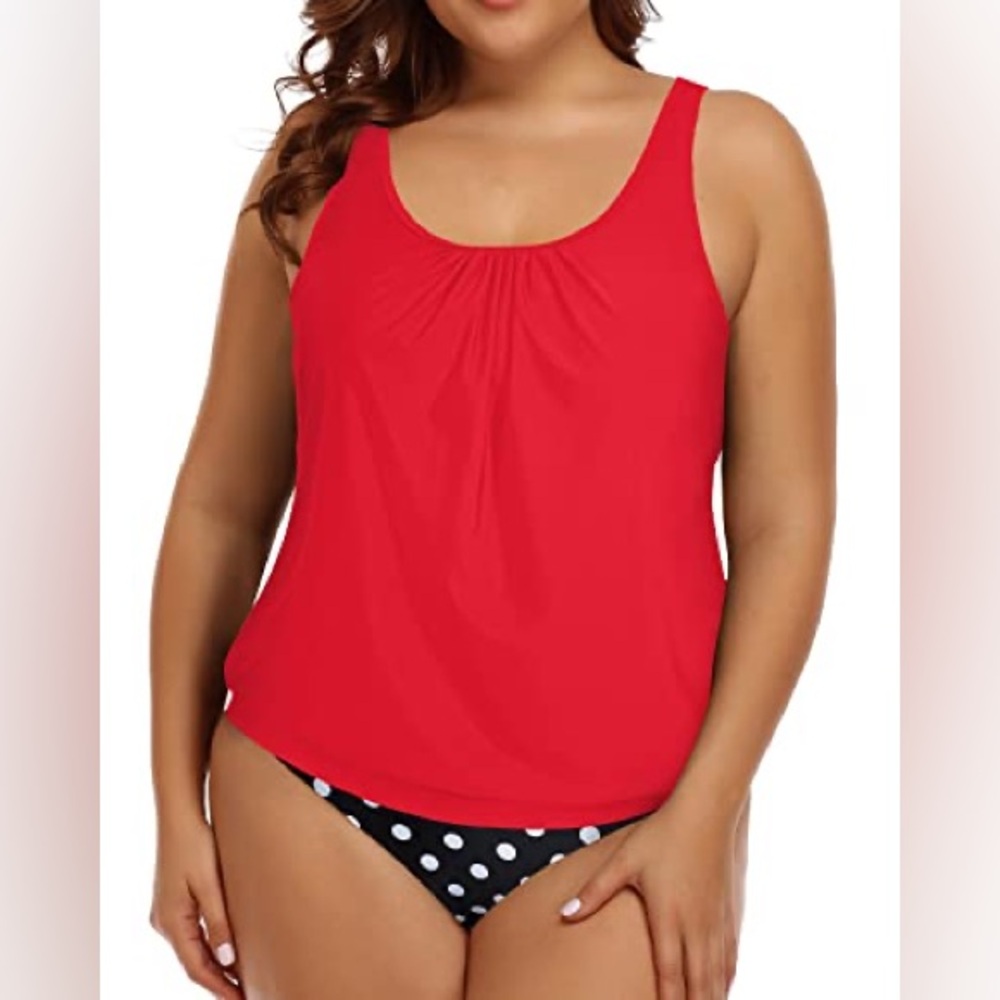 NWT- YONIQUE Tummy Control Bathing Suit Blouson Tankini Swimsuit-Red Dot - Picture 2 of 15
